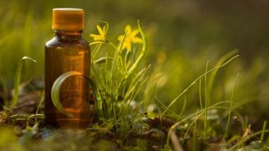 Imagem de um vidro contendo uma essência floral. Ele está posicionado sobre uma grama e ao lado dele, uma flor amarela.