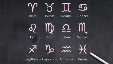 Imagem de um quadro negro com os glifo dos 12 signos feitos com giz branco.