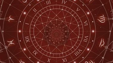 Imagem de uma mandala astrológica nas cores vermelho claro, vermelho escuro e branco.