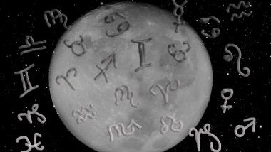 Imagem da lua cheia e em destaque, os glifos de cada um dos 12 signos.