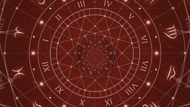 Imagem de uma mandala astrológica nas cores vermelho claro, vermelho escuro e branco.