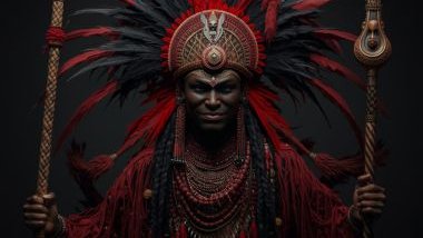 Imagem de Exu da Umbanda - usando um cocar, colares de contas e roupas nas cores preto e vermelho.