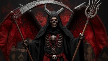 Imagem de Exu da morte da Umbanda que usa roupas nas cores Preto e Vermelho e costuma trazer consigo símbolos como a foice (para cortar almas/ilusões), o tridente ou uma caveira.