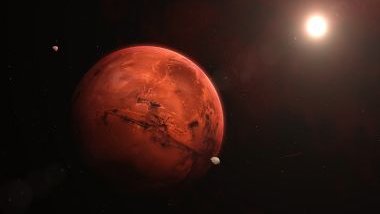 Imagem do planeta Marte em destaque e de outros planetas ao seu redor.