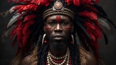 Imagem do caboclo Cobra Coral da Umbanda. Ele veste indumentárias que remetem às tradições indígenas, adornadas com penas vermelhas, pretas e brancas e colares de sementes.