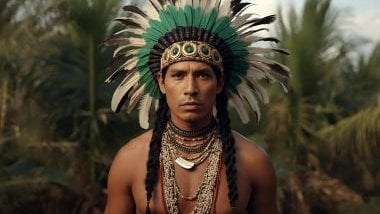 Imagem Caboclo Rompe Mato que veste indumentárias inspiradas nas tradições indígenas, adornadas com penas verdes, marrons e brancas, colares de sementes.