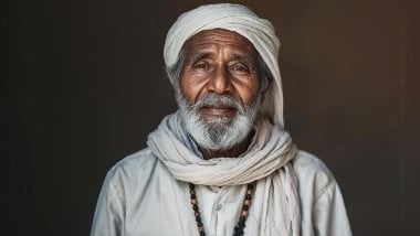 Imagem do preto velho Pai Francisco que usa roupas simples, geralmente em tons claros ou brancos, simbolizando pureza, humildade e desapego material. Frequentemente usa um lenço ou chapéu simples, além de rosário ou guia.