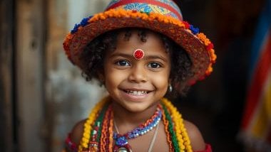 Imagem do Erê Joãozinho, entidade criança da Umbanda, que usa roupas coloridas, leves ou em tons vibrantes, simbolizando pureza, inocência e alegria. Frequentemente usa chapéus, bonés ou pequenos acessórios lúdicos.