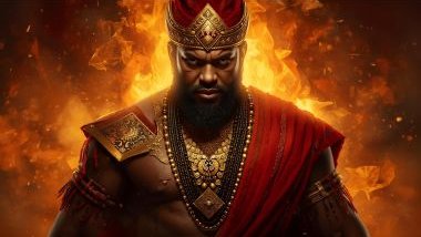 Imagem do Exu Pinga Fogo da umbanda. Ele usa roupas em tons de vermelho, preto e dourado, refletindo intensidade, poder e vitalidade espiritual. Tem uma aparência imponente, olhar penetrante e postura firme, transmitindo autoridade e energia vibrante.