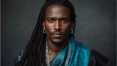 Imagem do Exu Maré da Umbanda. Ele usa roupas em tons de azul, verde-água e preto, muitas vezes com detalhes prateados, representando a fluidez das águas, proteção e conexão com as energias sutis. Possui uma imagem serena e envolvente, com olhar profundo 