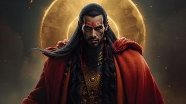 Imagem do Exu Gira Mundo da Umbanda. Ele usa roupas em tons de vermelho, laranja e preto, com detalhes metálicos ou brilhantes, representando força, movimento e a capacidade de transformar situações estagnadas. Possui uma figura imponente e dinâmica, com 