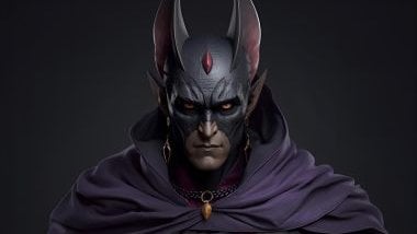 Imagem do Exu Morcego da Umbanda. Ele usa roupas em tons de preto e roxo, com detalhes em vermelho ou prata, representando poder, proteção e conexão com as forças espirituais mais densas. Possui uma aparência imponente e misteriosa, com olhar penetrante e