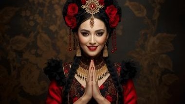 Imagem da Pombagira Rosa Negra da Umbanda. Ela usa roupas elegantes e envolventes, com cores como vermelho, preto e dourado, simbolizando proteção, força, sensualidade e poder feminino.