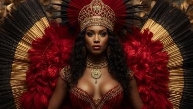 Imagem da Pombagira Maria Padilha do Cabaré da Umbanda. Ela usa vestidos luxuosos e envolventes, em cores como vermelho, preto e dourado, refletindo sensualidade, mistério, poder e proteção. Sua aparência é de presença marcante, olhar penetrante e postura