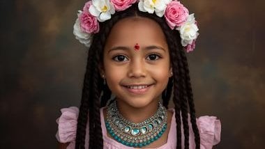 Imagem da pombagira mirim da Umbanda. Ela usa roupas simples, coloridas e lúdicas, frequentemente em tons claros, rosa, azul e branco, simbolizando inocência, leveza e proteção espiritual. Sua aparência é de uma figura infantil e encantadora, com sorriso 