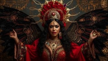 Imagem da pombagira Maria Padilha da umbanda. Ela usa roupas vibrantes e elegantes, frequentemente em tons de vermelho, preto e dourado, representando força, poder e proteção espiritual. 