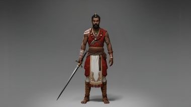 Imagem de Ogum de Ronda, uma das falanges de Ogum. Ele veste mantos ou túnicas nas cores vermelho e branco, cintos, botas ou sandálias resistentes, e um colar de contas vermelhas ou vermelhas e brancas. Em muitas representações, segura uma espada ou ferra