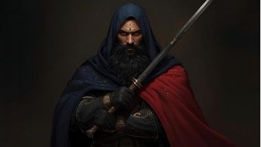 Imagem de Ogum Megê que é reservado, observador e extremamente fiel àqueles que caminham com fé e retidão. Ele usa trajes escuros, predominantemente azul-marinho, preto e vermelho-escuro, que simbolizam mistério, poder e proteção.