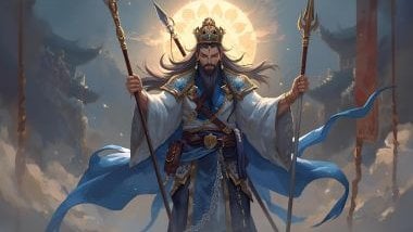 Imagem do Ogum de Lei que se apresenta com vestes que refletem sua autoridade, disciplina e força guerreira. Costuma usar roupas azuis e brancas, cores que simbolizam proteção, clareza e equilíbrio. Ele carrega espadas, lanças ou outros instrumentos de fe