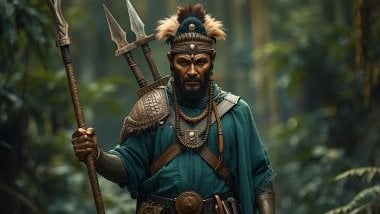 Imagem de Ogum das Matas que se apresenta com vestes que refletem sua força guerreira e sua conexão com o verde das florestas. Costuma usar roupas em tons de verde, marrom e azul, cores que simbolizam proteção, equilíbrio e conexão com a natureza.