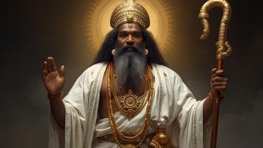 Imagem de Oduduá é tradicionalmente representado com vestes brancas, adornadas com detalhes em dourado ou prata, simbolizando pureza, luz e criação. Seu visual transmite solenidade, estabilidade e presença protetora. 