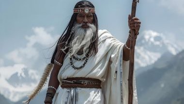 Imagem de Okê que é representado com vestes brancas e detalhes prateados, que simbolizam pureza e firmeza espiritual. Em algumas tradições, carrega um bastão ou cajado, símbolo da montanha e da estabilidade. Sua aparência transmite força e serenidade, ref