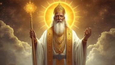 Imagem de Olorun/Olodumaré que é representado com vestes brancas e douradas, simbolizando sabedoria, luz e realeza espiritual. Em algumas tradições, carrega um cetro ou bastão dourado, representando autoridade espiritual e equilíbrio cósmico. 