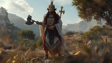 Imagem de Oxaguiã que é representado com vestes brancas e vermelhas, simbolizando pureza e energia vital. Frequentemente carrega um machado ou bastão, representando força, ação e transformação. 