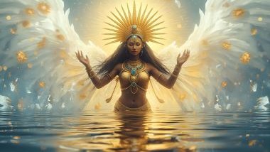 Imagem de Oxum que irradia uma energia suave, feminina e sedutora. Ela é representada pela cor branca, azul, amarela ou dourada, que remete ao ouro, à riqueza e à luz solar refletida na água.