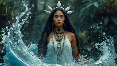 Imagem de Otin, entidade ligada a Oxóssi que possui uma energia firme e acolhedora.  Otin é tradicionalmente representada com vestes em tons de azul-claro, verde e branco, cores que evocam as águas doces e as matas. 