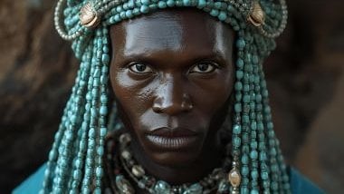 Imagem do Inlé, entidade ligada à Oxóssi que representa a força das águas serenas que limpam e curam, sem jamais perder sua profundidade e poder. Inlé é tradicionalmente representado com vestes em tons de azul-claro, verde e prateado. Costuma usar fios de