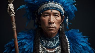 Imagem do Caboclo Pena Azul que é tradicionalmente representado com roupas em tons de azul, branco e prata, cores que simbolizam a espiritualidade. Usa adornos de penas azuis e prateadas, colares de contas naturais.