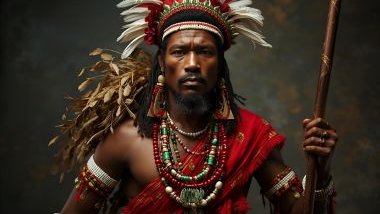 Imagem do Exu Mangueira representado com roupas em tons de vermelho, branco e verde, cores que simbolizam força, pureza e vitalidade. Utiliza adornos de contas, colares e elementos naturais, muitas vezes carregando um bastão ou cajado.