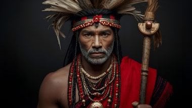 Imagem do Exu Pimenta representado com roupas em tons de vermelho, preto e branco, cores que simbolizam força, proteção e pureza. Ele utiliza adornos de contas, colares e elementos naturais. Seu semblante transmite energia, firmeza e dinamismo. 