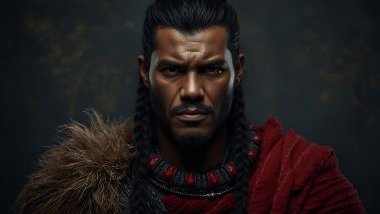 Imagem do Exu Arranca Toco representado com trajes em tons escuros, como preto, vermelho e marrom, cores que simbolizam poder, firmeza e conexão com a terra. Seu semblante reflete seriedade, força e foco. 