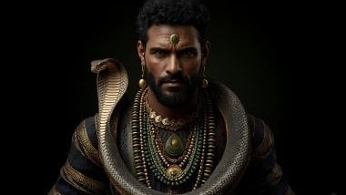 Imagem do Exu Cobra representado com roupas em tons de verde-escuro, preto e dourado. Usa colares com contas verdes e douradas e, em algumas representações, traz uma serpente como símbolo de sua força e domínio sobre a energia vital.