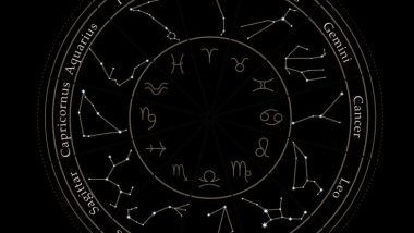 Imagem de fundo preto e em destaque uma mandala astrológica feita nas cores branco e cinza.