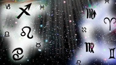 Imagem de fundo branco e preto com alguns pontos de luz colorido e ícones dos 12 signos do zodíaco.