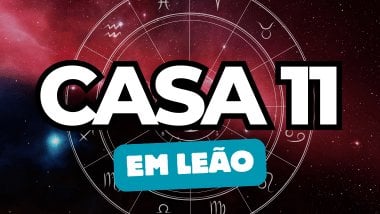 Há um escrito grande "CASA 11" no centro da imagem. Embaixo e um pouco menor, há um escrito "EM LEÃO". Ao fundo, há o universo e uma roda do zodíaco.