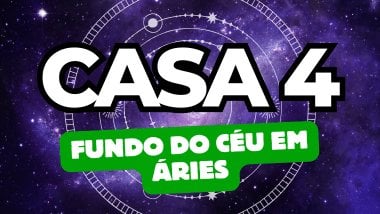 Há um escrito grande "CASA 4" no centro da imagem. Embaixo e um pouco menor, há um escrito "FUNDO DO CÉU EM ÁRIES". Ao fundo, há o universo e círculos com ícones de planetas e estrelas.