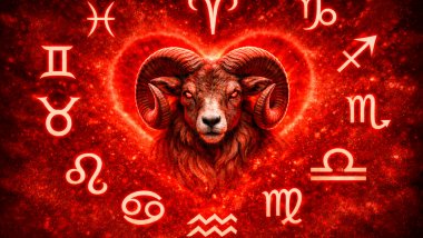 Ilustração em tons de vermelho com um carneiro (símbolo de Áries) ao centro, rodeado pelos 11 símbolos dos demais signos do zodíaco dispostos em círculo sobre um fundo brilhante e estrelado.