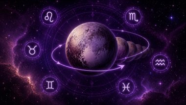 Planeta Plutão em tons roxos com efeito de movimento retrógrado no centro, cercado por seis símbolos zodiacais brilhantes sobre um fundo cósmico estrelado.