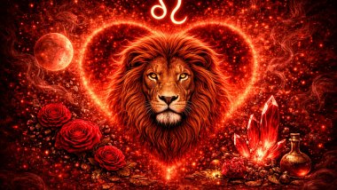 Ilustração em tons de vermelho com o símbolo de Leão, um leão ao centro dentro de um coração luminoso, rodeado por estrelas, planeta, rosas e cristais.