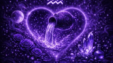 Ilustração em tons de roxo com o símbolo de Aquário, água sendo derramada de um vaso ao centro dentro de um coração luminoso, com estrelas, lua, rosas e cristais ao redor.