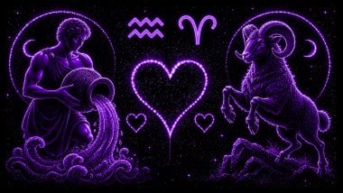 Ilustração em tons de roxo de um homem segurando um jarro com água (símbolo de Aquário) e um carneiro (símbolo de Áries), frente a frente, com um coração ao centro, representando a combinação amorosa entre eles.