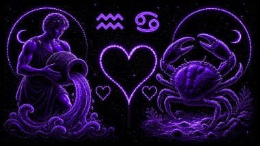 Ilustração em tons de roxo de um homem segurando um jarro com água (símbolo de Aquário) e um caranguejo (símbolo de Câncer), frente a frente, com um coração ao centro, representando a combinação amorosa entre eles.