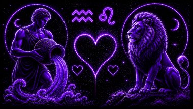 Ilustração em tons de roxo de um homem segurando um jarro com água (símbolo de Aquário) e um leão (símbolo de Leão), frente a frente, com um coração ao centro, representando a combinação amorosa entre eles.