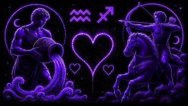 Ilustração em tons de roxo de um homem segurando um jarro com água (símbolo de Aquário) e um homem segurando um arco e flecha (símbolo de Sagitário), frente a frente, com um coração ao centro, representando a combinação amorosa entre eles.