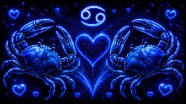Ilustração em tons de azul com um caranguejo (símbolo de Câncer), frente a frente, com um coração ao centro, representando a combinação amorosa entre eles do mesmo signo.