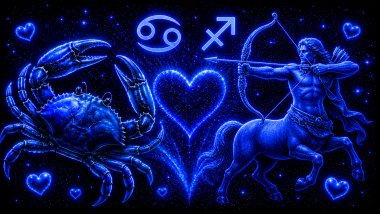 Ilustração em tons de azul com um caranguejo (símbolo de Câncer) e um homem meio humano meio cabelo, segurando um arco e flecha (símbolo de Sagitário), frente a frente, com um coração ao centro, representando a combinação amorosa entre eles do mesmo signo